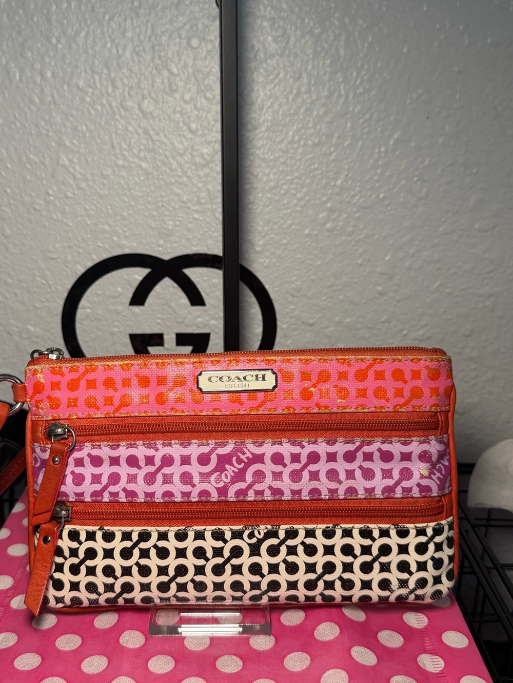 Coach Poppy Wristlet Clutch - Pink Orange Pop C - 3 Zip - See Pics - SOLD AS IS